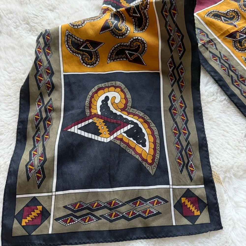 Vintage Japanese Scarf 10.5x52 Paisley Geometric Burgundy